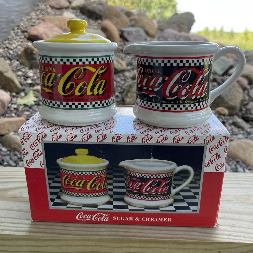 Vintage 1995 Coca Cola Sugar Bowl with Lid and Creamer By Enesco Co